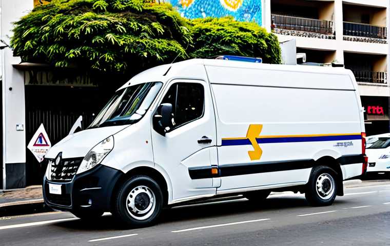 Renault Master Furgão (Van)**
"A Renault Master Furgão, fully loaded with cardboard boxes strapped securely inside, parked on a bustling city street in São Paulo, Brazil. The van is silver, clean, and looks ready for deliveries. Background includes vibrant street art and pedestrians. Fully clothed delivery driver standing next to the open back doors, checking his clipboard. Safe for work, appropriate content, fully clothed, professional, family-friendly, perfect anatomy, correct proportions, natural pose, well-formed hands, proper finger count, natural body proportions."
**