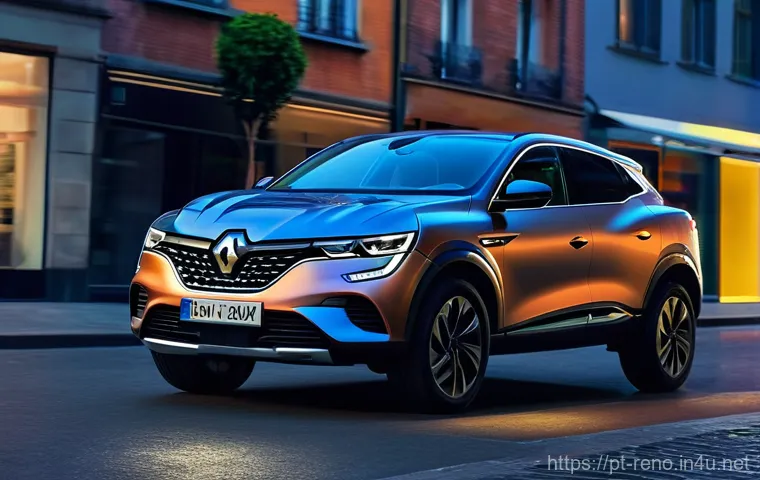 르노 아르카나와 도요타 RAV4 비교 - **Prompt:** A sleek, dark metallic Renault Arkana E-Tech hybrid coupé SUV, with its distinctive, flu...
