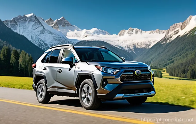 르노 아르카나와 도요타 RAV4 비교 - **Prompt:** A sleek, dark metallic Renault Arkana E-Tech hybrid coupé SUV, with its distinctive, flu...