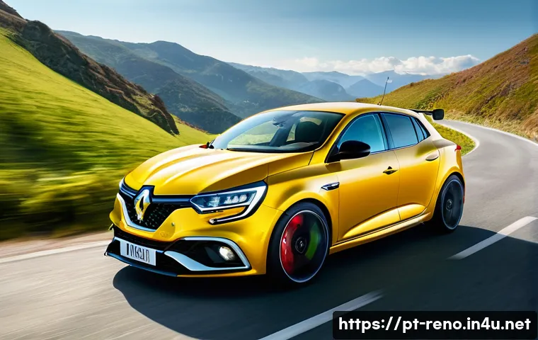 르노 메간 스포츠카 퍼포먼스 - **"A high-octane dynamic shot of a modern Renault Megane RS Trophy (latest generation, 300hp) aggres...