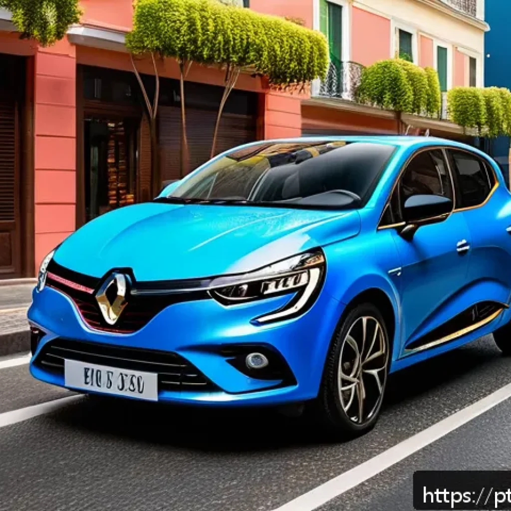 르노 클리오의 고객 만족도 - A sleek and modern 2024 Renault Clio parked on a vibrant Brazilian urban street during daytime, show...