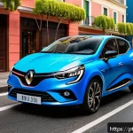 르노 클리오의 고객 만족도 - A sleek and modern 2024 Renault Clio parked on a vibrant Brazilian urban street during daytime, show...