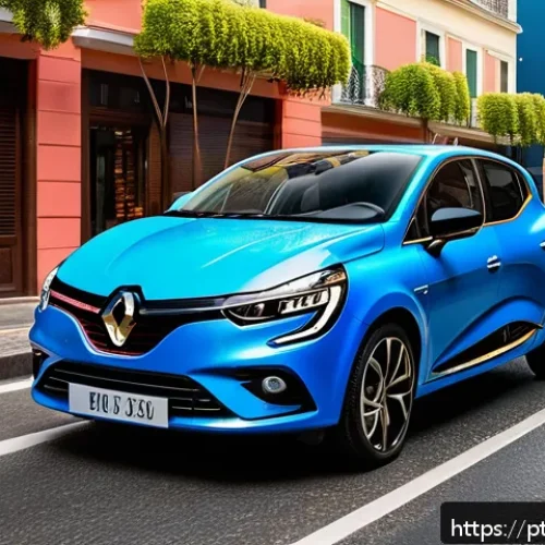르노 클리오의 고객 만족도 - A sleek and modern 2024 Renault Clio parked on a vibrant Brazilian urban street during daytime, show...