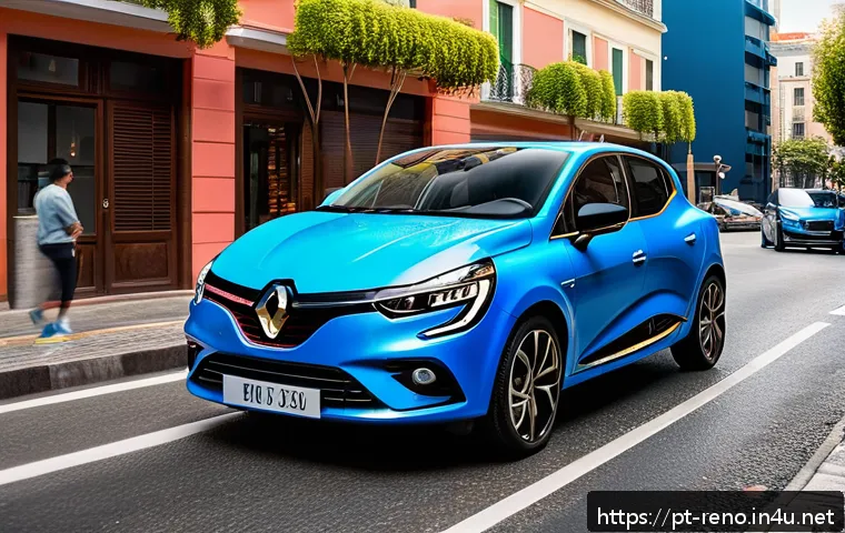 르노 클리오의 고객 만족도 - A sleek and modern 2024 Renault Clio parked on a vibrant Brazilian urban street during daytime, show...