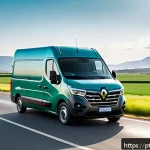 르노 마스터의 연료 효율성 - A detailed exterior view of a modern Renault Master van driving on a highway during daylight, showca...