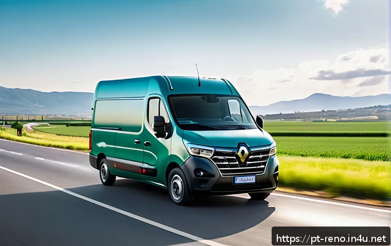 르노 마스터의 연료 효율성 - A detailed exterior view of a modern Renault Master van driving on a highway during daylight, showca...