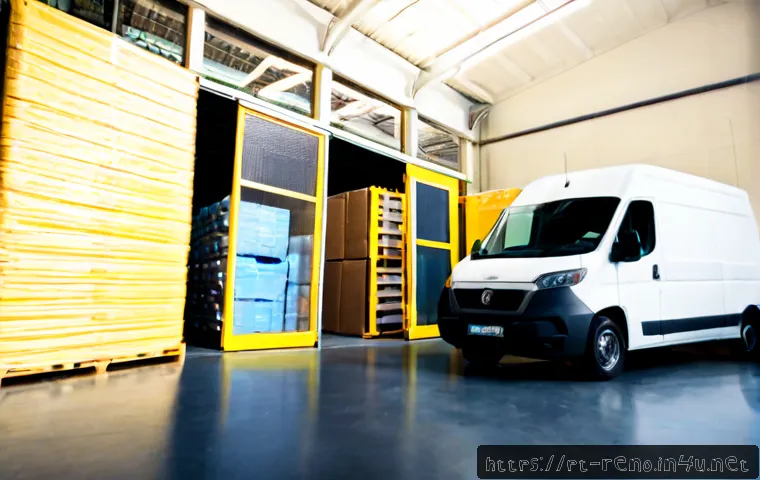 Home 17 르노 마스터의 적재 공간 활용 팁 - Photorealistic wide interior view of a modern unbranded large cargo van parked beside a Portuguese s...