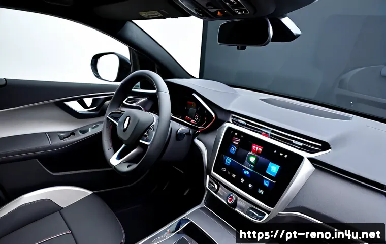 Home 17 르노 아르카나의 실내 인테리어 - Photorealistic wide-angle view of a modern compact SUV interior inspired by the Renault Arkana, driv...
