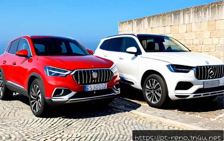 Home 17 르노 삼성 XM3와 쉐보레 이쿼녹스 비교 - Photorealistic side-by-side comparison of two unbranded modern SUVs parked on a clean Lisbon waterfr...